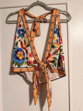 SHEIN Multicolor Floral & Parrot Tie-Back Halter Tank Top